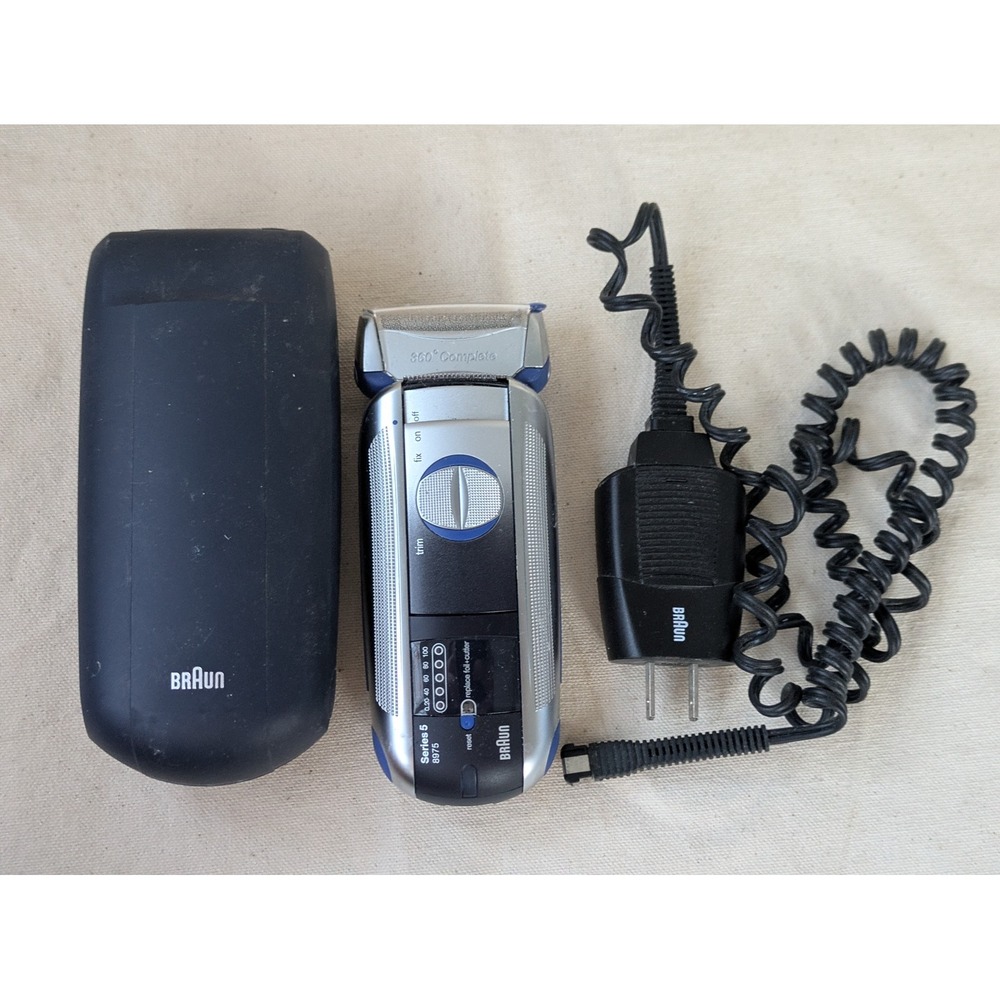 Braun Series 5 8975 Electric Shaver 360 Complete Silver Blue Case Cord Working